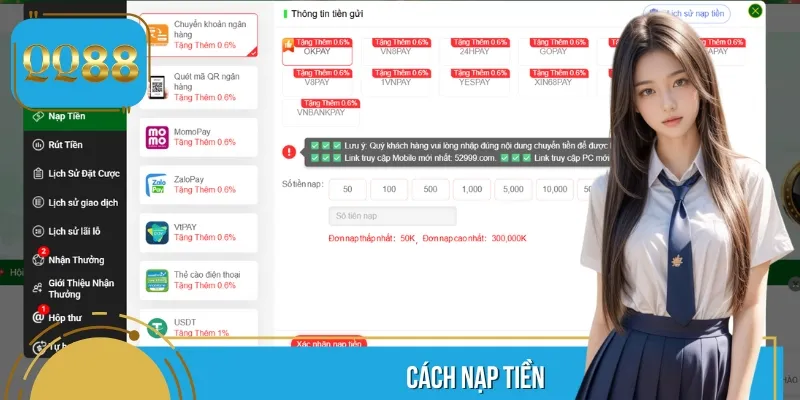 Thao tác nạp tiền nhanh chóng, đơn giản và an toàn tại QQ88